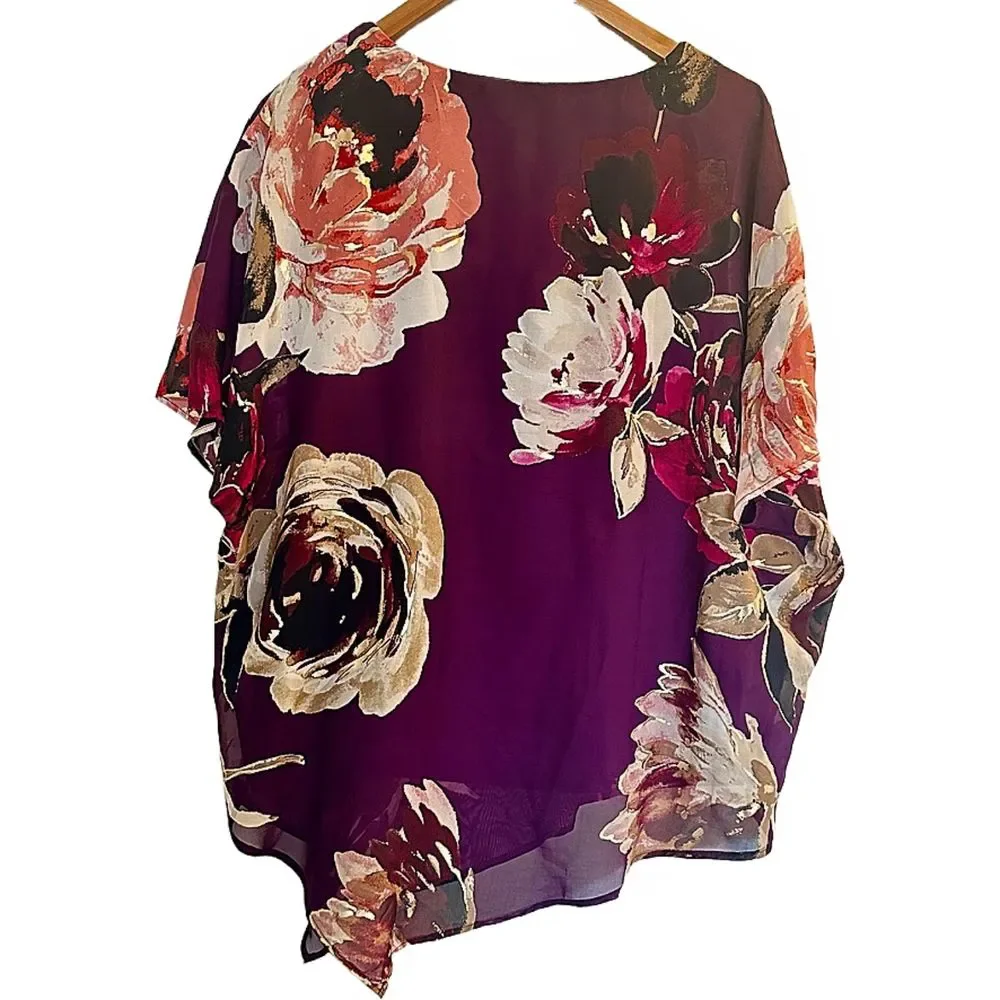 3 for $15 Roz & Ali Plus Size 1X Plum Floral Boho Asymetrical 2 layer Blouse - Picture 2 of 8